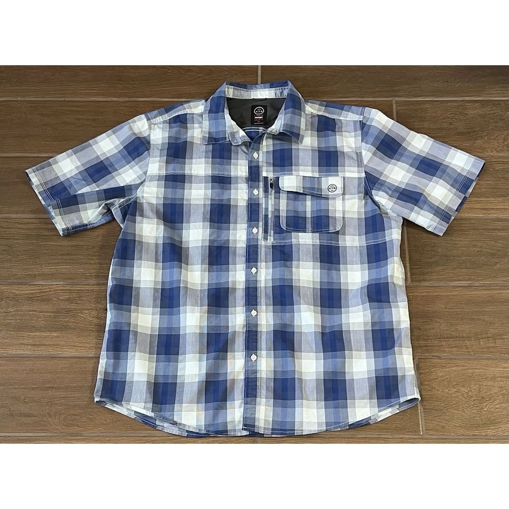 Wrangler Men's ATG Short Sleeve Button Up Shirt Blue Plaid  Sz XL Outdoors Work